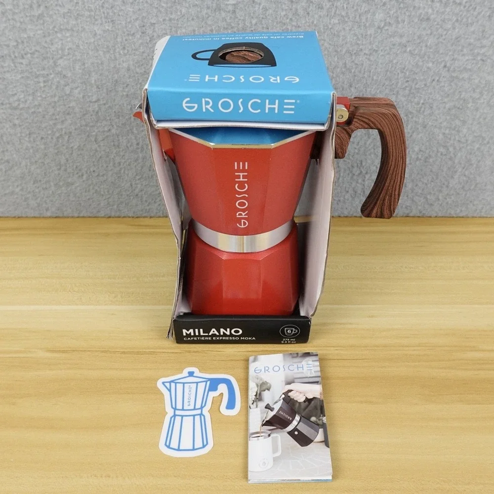 GROSCHE Milano Stovetop Espresso Maker Moka Pot 6 Espresso Cup, 9.3 oz, Red